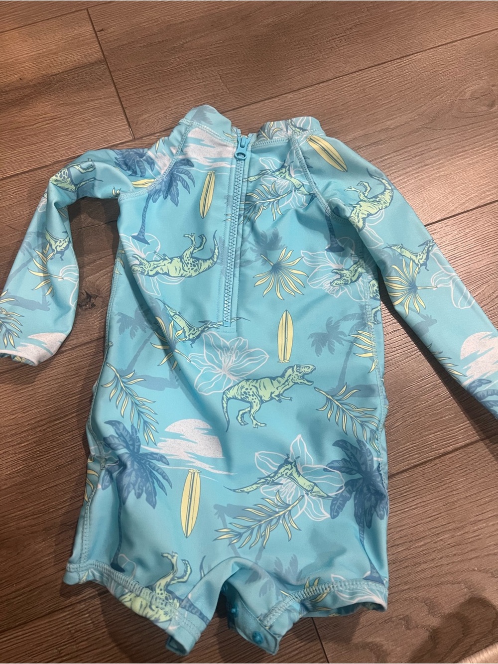 Light Blue Tropical Dino Long-Sleeve Girls One-Piece Swimsuit